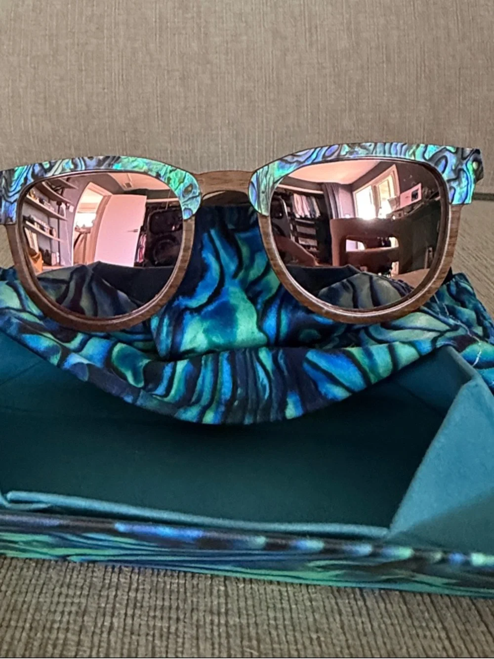 Slyk Shades Women's Abalone seashell and wood sunglasses with Rose Lense